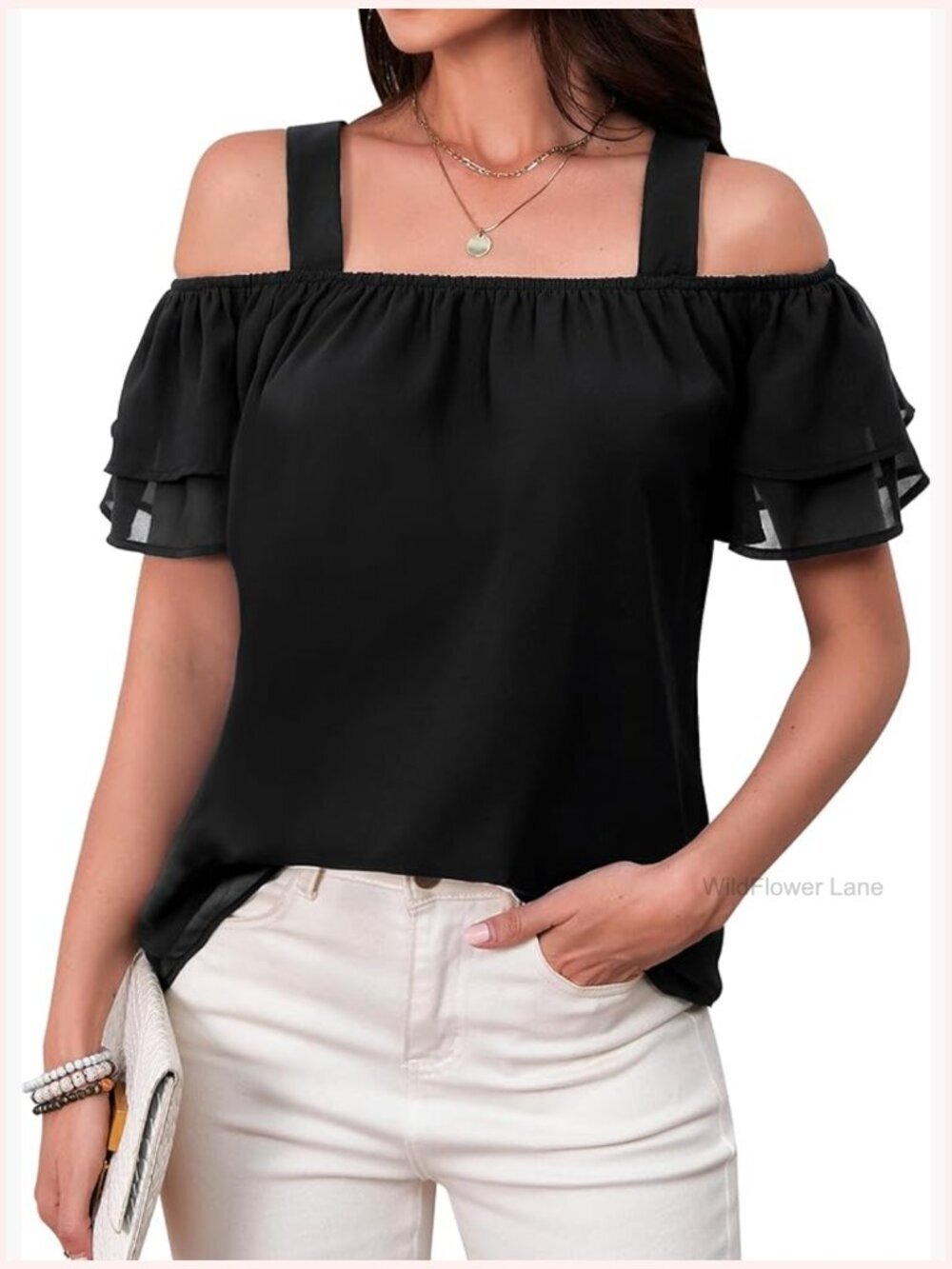 Casual Short Sleeve Cold Shoulder Square Neck Blouse Loose Fit T Shirt